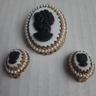 Vtg W Germany Signed White Milk Glass Back Cameo Faux Pearls Brooch Clip Earring