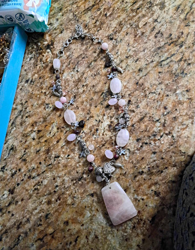 Celestial Ocean Heart: Rose Quartz & Garnet Charm Statement Necklace