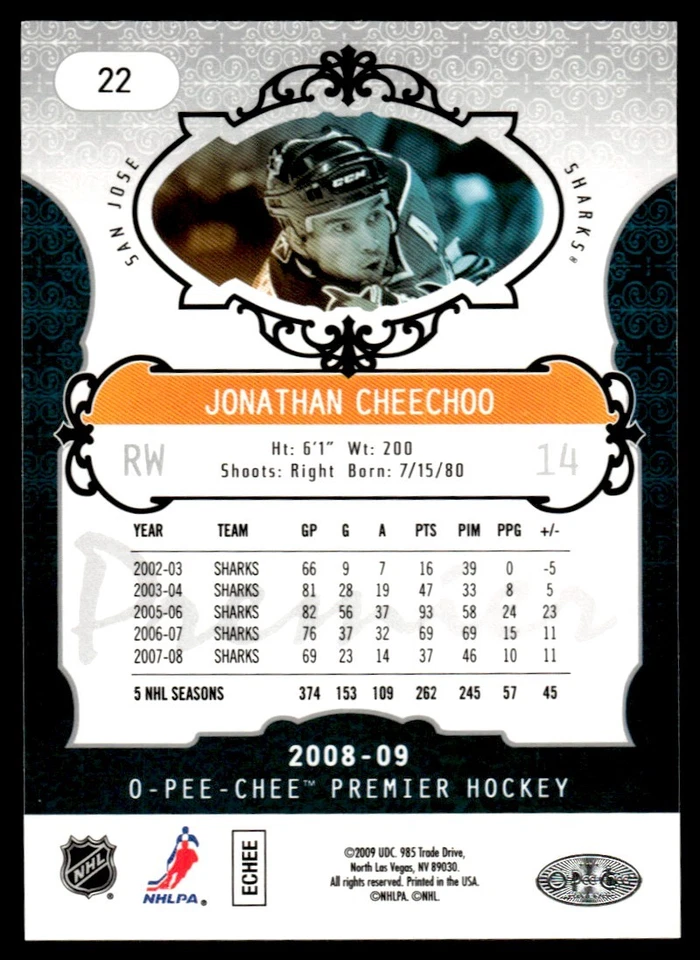 2008-09 O-Pee-Chee Premier Jonathan Cheechoo 214/299 San Jose Sharks #22 - Image 2 of 2