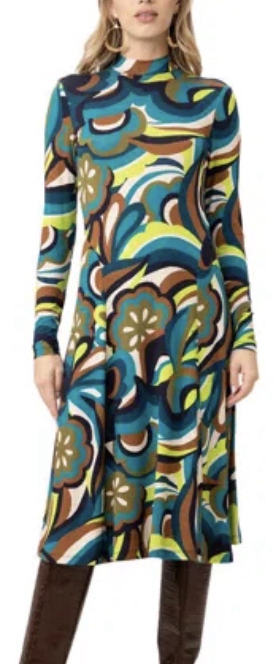NWT! TRINA TURK PIERCE MOCK NECK DRESS ABSTRACT FLORAL Retro Mod SIZE M Org $288