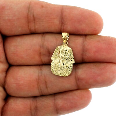 Real 10K Yellow Gold Diamond Cut Pharaoh Egyptian King Charm Pendant, Mens Women