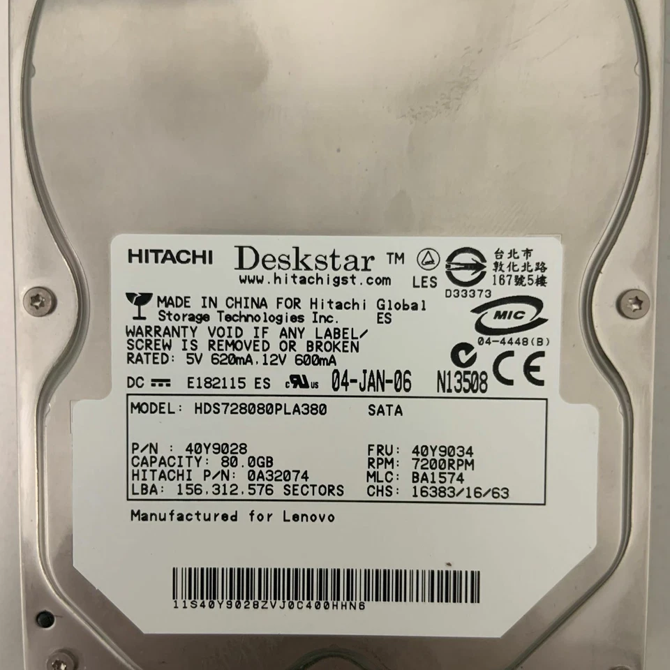 Genuine Hitachi 80GB 7.2K RPM SATA NHP LFF 3.5" Hard Disk Drive 40Y9034 0A32074 - Image 2 of 2
