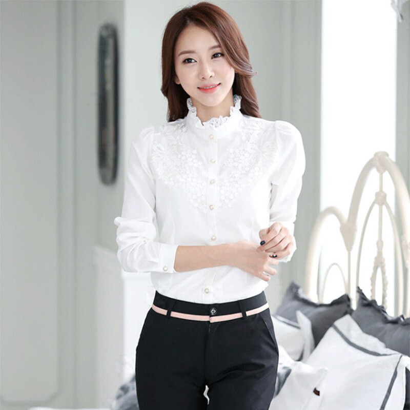 Lady Slim Crochet Lace Shirt Blouse Ruffle High Collar Tops