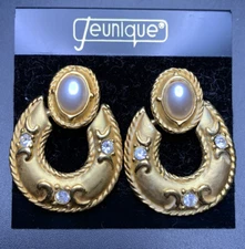 Jeunique Door Knocker Earrings Matte Gold Tone Faux Pearl Rhinestone Vintage