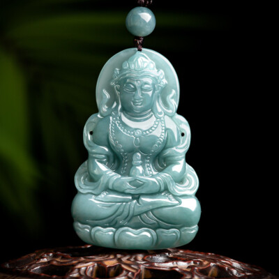 Chinese Natural Emerald blue water Tara Guanyin Jade Pendant Necklace For Adult