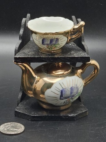 Dekorative Miniatur Porzellan Teetasse & Topf mit Ständer Made in Japan Nov Co - Bild 4 von 4