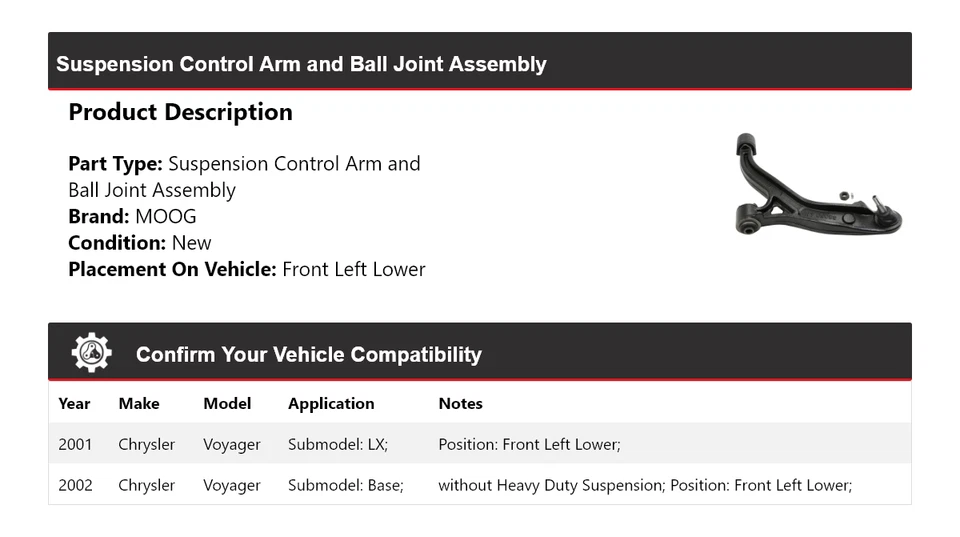 Brazo de control delantero izquierdo inferior MOOG para Chrysler Voyager 2001-2002 Foto 2 de 4