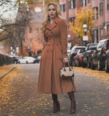 Brauner doppelreihiger Damenmantel Langer Mantel aus Tweed-Mischung für Frauen