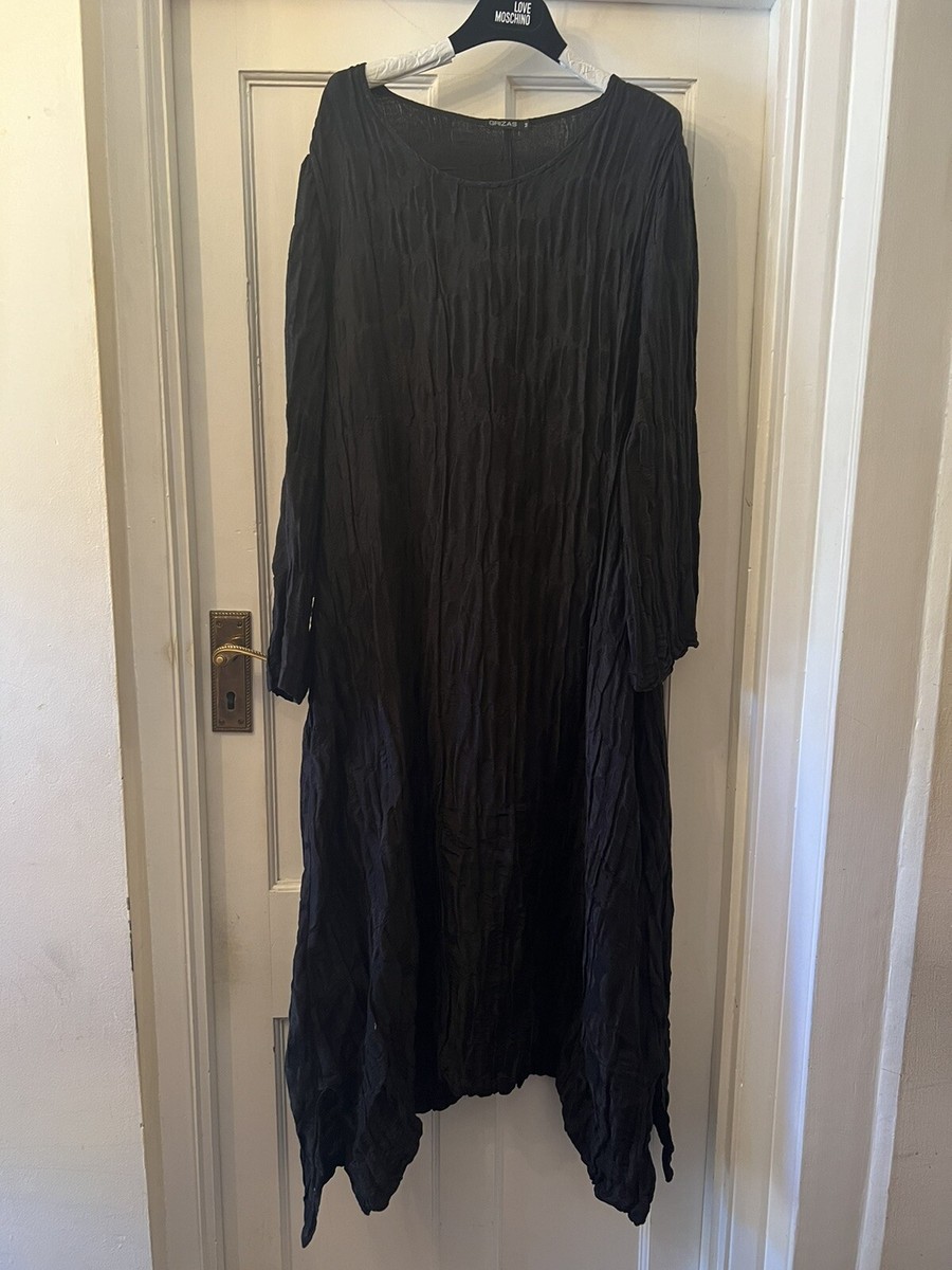 GRIZAS Black Silk Mix Crinkle Round Neck Midi Boho Dress, Medium