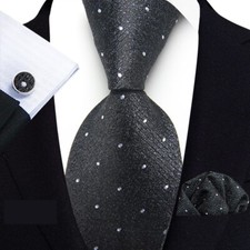 Classic Polka Dot Black White Jacquard Silk Men's Tie Necktie Hanky Cufflink Set
