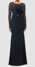 Betsy  Adam Women's Black Sequined Rosette Illusion Gown Dress Size 4