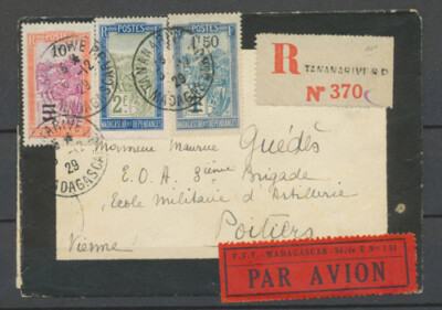 5.12.1929 ca. TANANARIVE-Frankreich auf LR, 3 Briefmarken Obl, wunderschön X5155