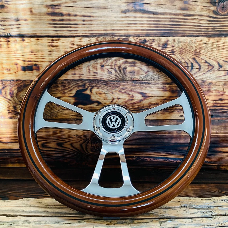 Volante de madera real de 14" para Volkswagen VW Beetle Vanagon Bus Jetta Golf 412 Foto 2 de 4