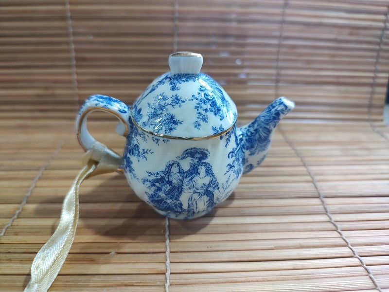 Miniature French Toile Blue, White Gold Accent Porcelain Teapot Ornament Vintage