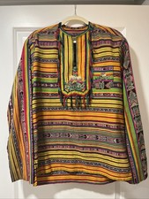 Vintage Guatemalan Huipil Top Shirt Hand Woven Embroidered Rainbow Stripe Fringe