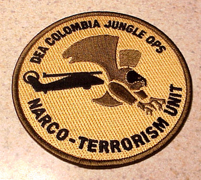 DEA COLOMBIA JUNGLE OPS  NARCO TERRORISM UNIT  ( TAN )  4'' SHOULDER PATCH