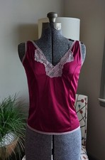 Vintage 1980s Burgundy Satin Camisole Lace Trim Nylon Lingerie Top Medium