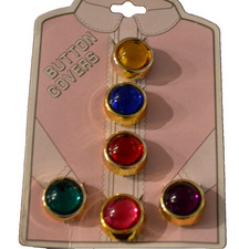 Vintage Gem Jewel Tones Gold Tone Round Button Covers Set of 6 New on Card