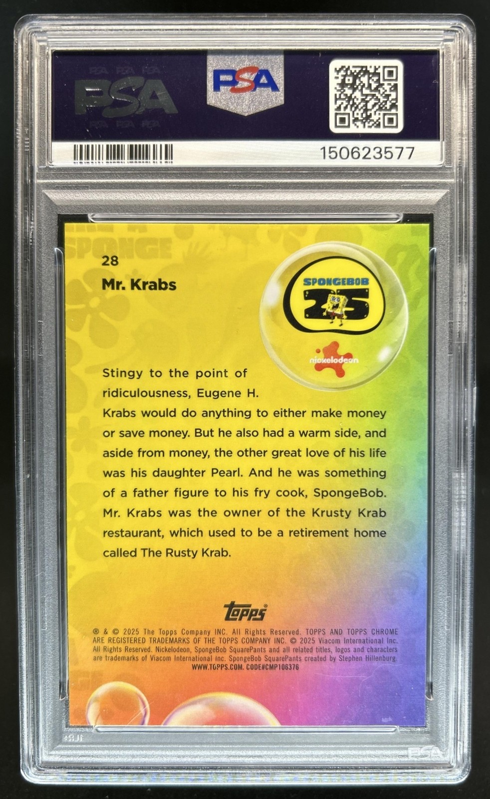2025 Topps Chrome SpongeBob Squarepants Mr. Krabs BubbleFractor #/99 PSA 9 view 2