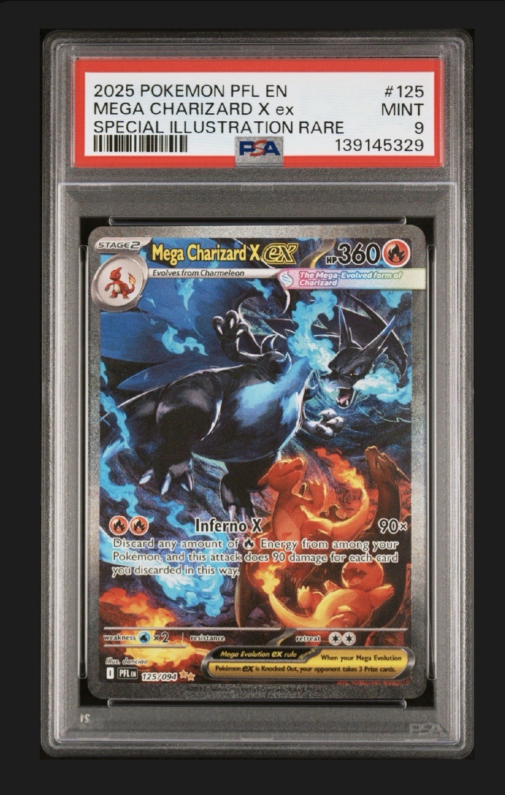 PSA 9 MINT 2025 POKEMON PFL EN-PHANTASMAL FLAMES #125 MEGA CHARIZARD X ex SIR