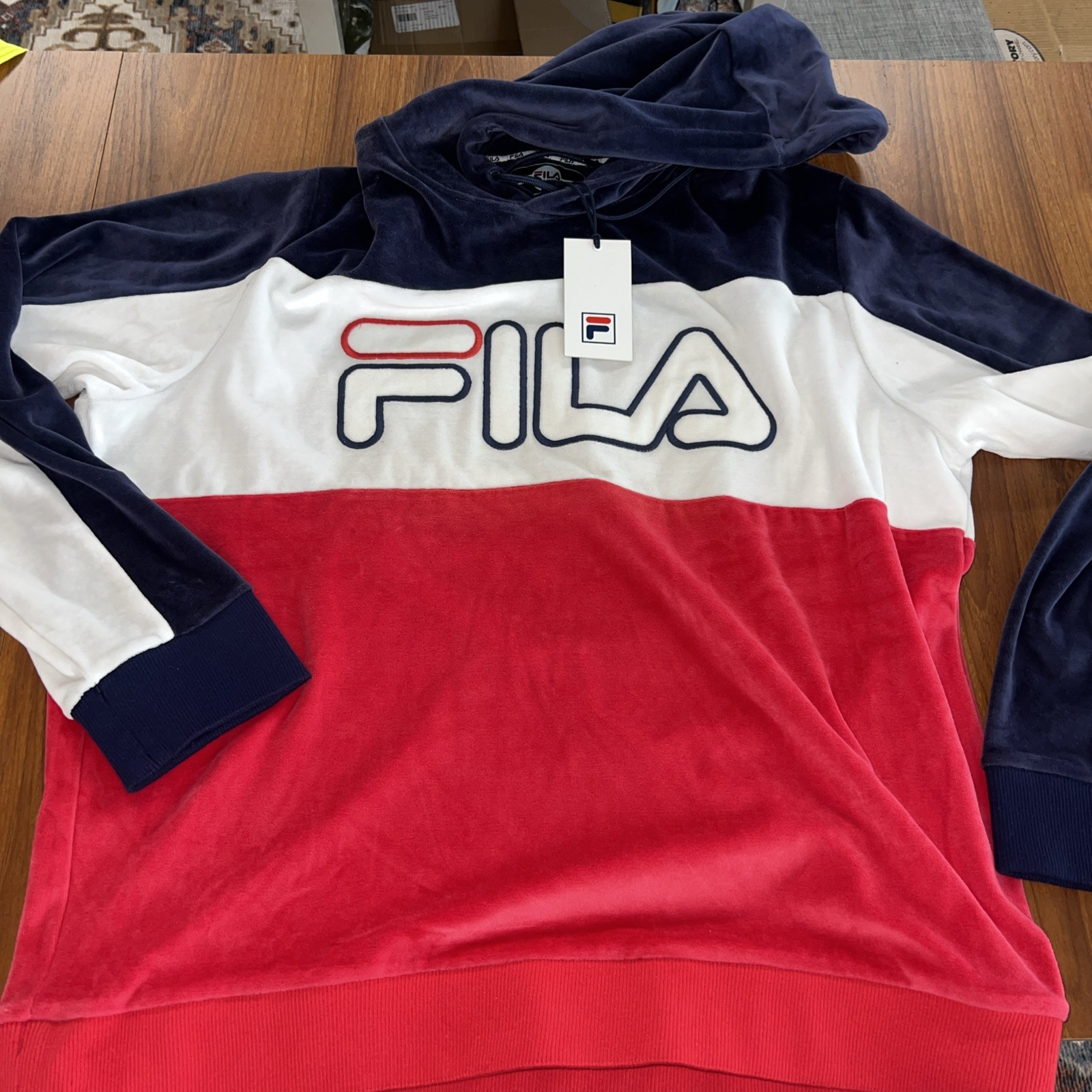 Fila Uomo Baggio Velour Felpa con Cappuccio Camicia Navy Cinese Rosso Bianco 2XL Retrò NUOVO