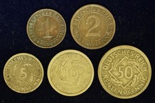 5x Deutsches Reich Weimarer Republik: 1, 2, 5, 10 + 50 Rentenpfennig 1924 (G)