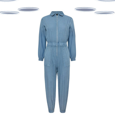 Ex Damen Petite Size Langarm Jumpsuit mit Reißverschluss vorne in Washed Blue (Defekt)