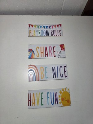 Colorful Playroom Rules Wood Signs 4-Piece Set ''Share Be Nice Have Fun'' Kids Roo