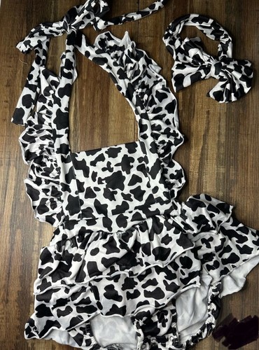 NEW NWT Cow Print Newborn Halter Ruffle Romper with matching bow 2 pc set 0-3 mo