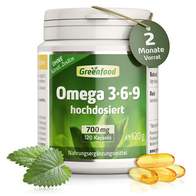 Omega 3-6-9, 700 mg, hochdosiert, 120 Softgel-Kapseln.