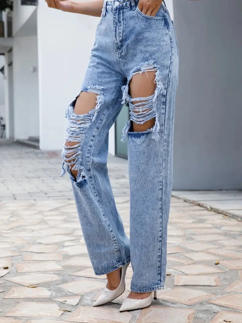 Ripped straight leg jeans online