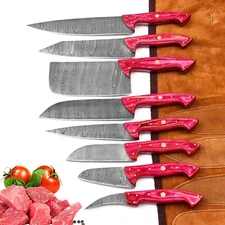 Handmade Damascus Kitchen Chef knife set With Leather Bag Kit 2910-Pink