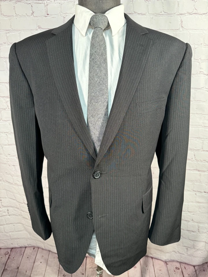 J.FERRAR Mens Black Pinstripe SLIM FIT Flat Frt 2 Pc Suit 44S Jacket 30x30 Pant - Image 2 of 4