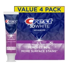 Crest 3D Advanced Teeth Whitening Toothpaste, Luminous Mint, 3.7 Oz (Pack of 4)