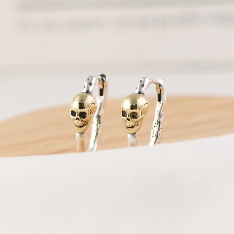 S925 Sterling Silver Hoop Earrings with Copper Skull Charm Gothic Biker Jewel - Image 2 of 4