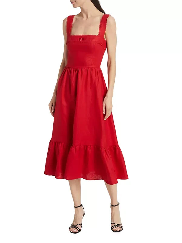 Vestido Reformation Mujer 14 Rojo Rowen 100% Lino Cuello Cuadrado Espalda Calzoncillo Cremallera