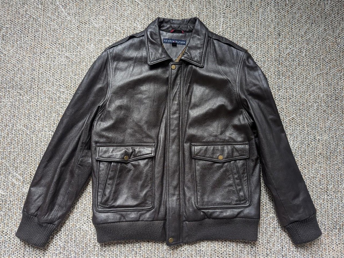 TOMMY HILFIGER leather jacket BOMBER flight L brown 44 flyers A2