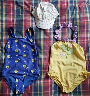 USED girl LOT: blue GAP swimsuit- XS(4-5Y) & yellow GYMBOREE swimsut- 6 (like 5)
