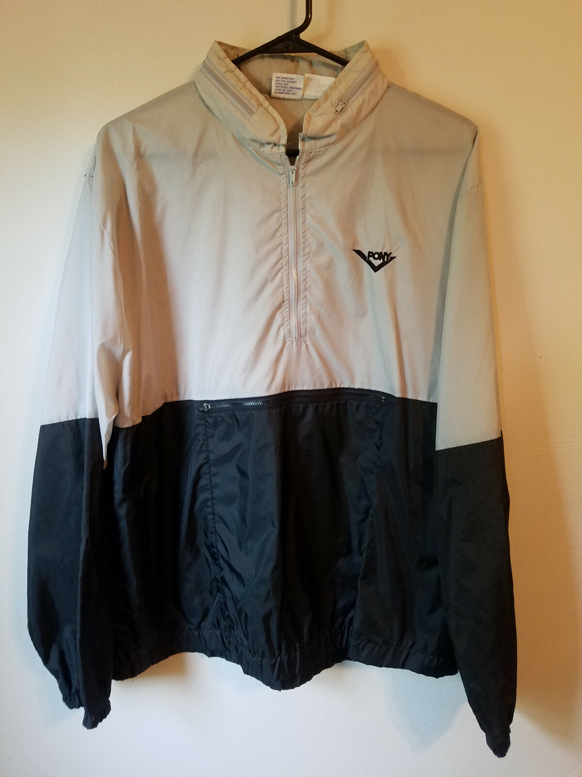 Giacca a vento mezza zip vintage PONY nero grigio nylon uomo XL X Large