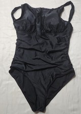 Sz L Swimsuit Tummy Control Ruched Waist Deep-V Black