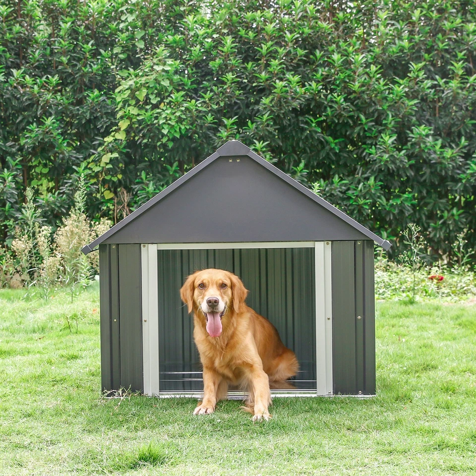 Casa grande de metal para perros impermeable al aire libre refugio para mascotas perro perrera jaula gris acero Foto 3 de 4