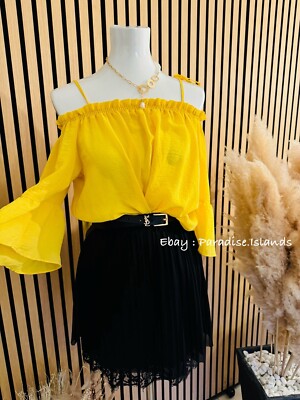   NEU  Bluse H&M Gelb Damen Schulterfrei Oder langarm 2in1 Spaghetti Off Shoul
