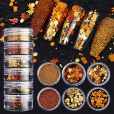 6Pcs/Set Shiny Fall Leaves Powder Nails Glitter Maple Leaf Autumn Fine Pigment