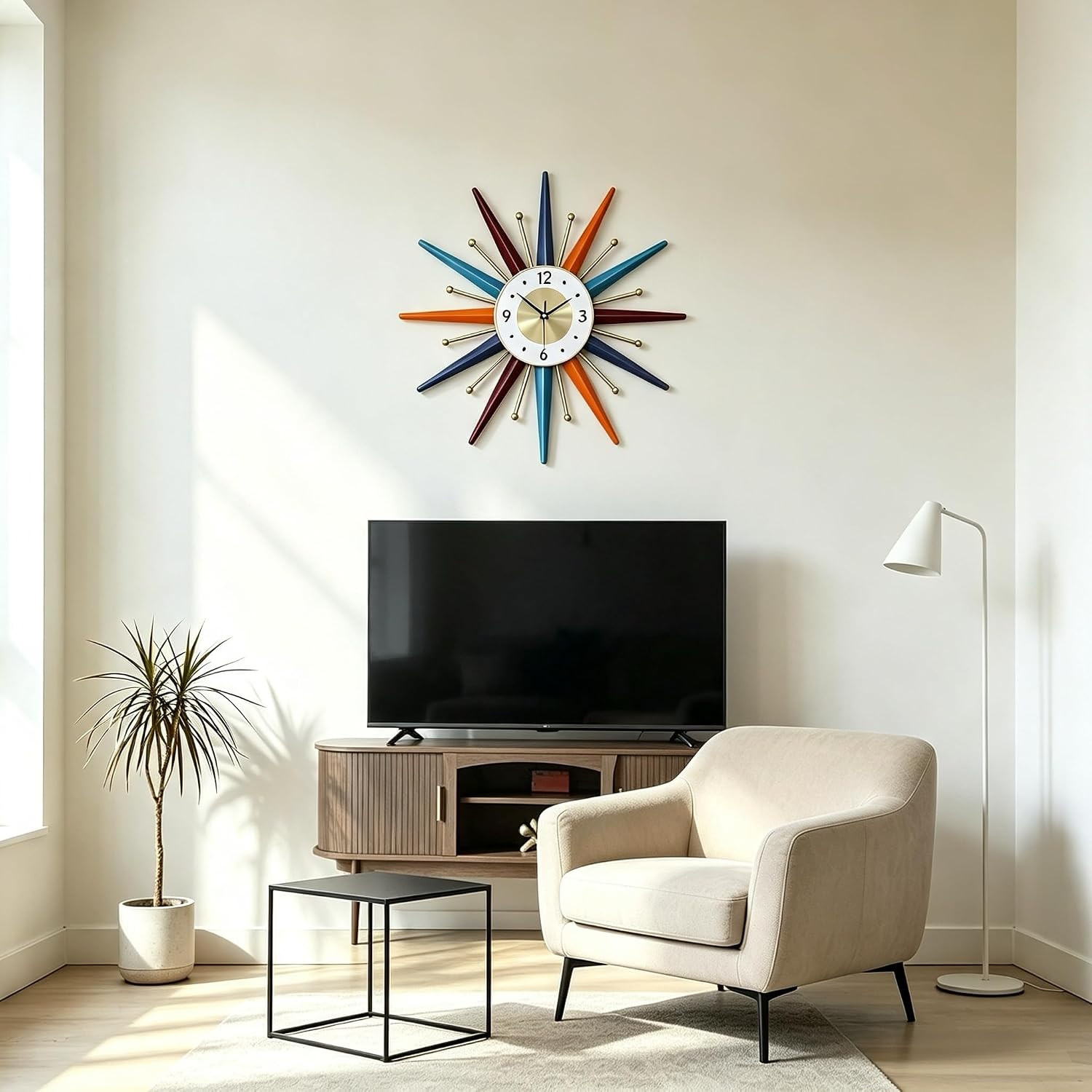Large Wall Clock 22Inch Starburst Mid Century Wall Clock,Non-Ticking | Battery O