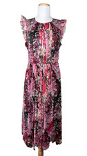 Laundry by Shelli Segal Pink Black Floral Chiffon Ruffle A-Line Midi Dress 6