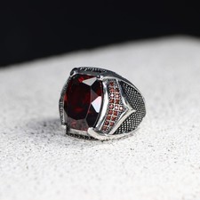 925 Sterling Silver Vintage Garnet Stone Ring, Handmade Silver Ring for Men