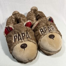 Dearfoams Beige Papa Bear Slippers with Red Plaid Interior Mens Size XL 13-14 