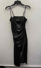 Windsor Women's Black Satin Ruched Wrap Front Midi Dress Side Slit Sz XL