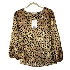 New DR2 women Size S leopard print blouse Top Long Sleeve Pullover Satin Career