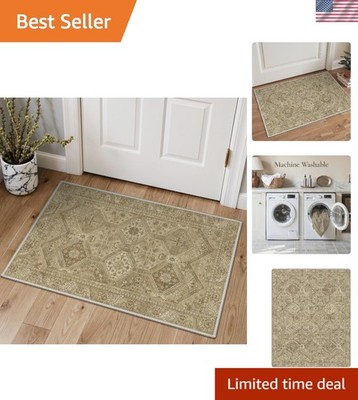 Vintage Floral Machine Washable 2x3 Area Rug - Tan Brown Low Pile Mat